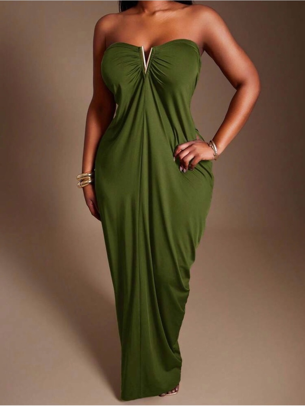 Strapless Olive Green Maxi Dress with V-Notch Detail - NWOT